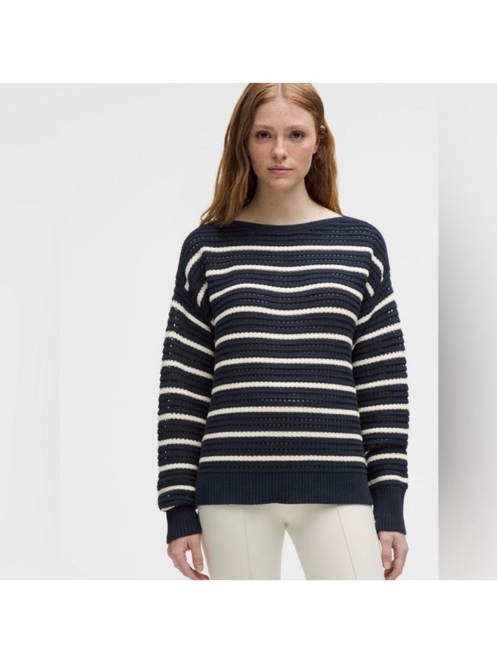 lululemon athletica Navy and Cream Striped Boatneck Sweater